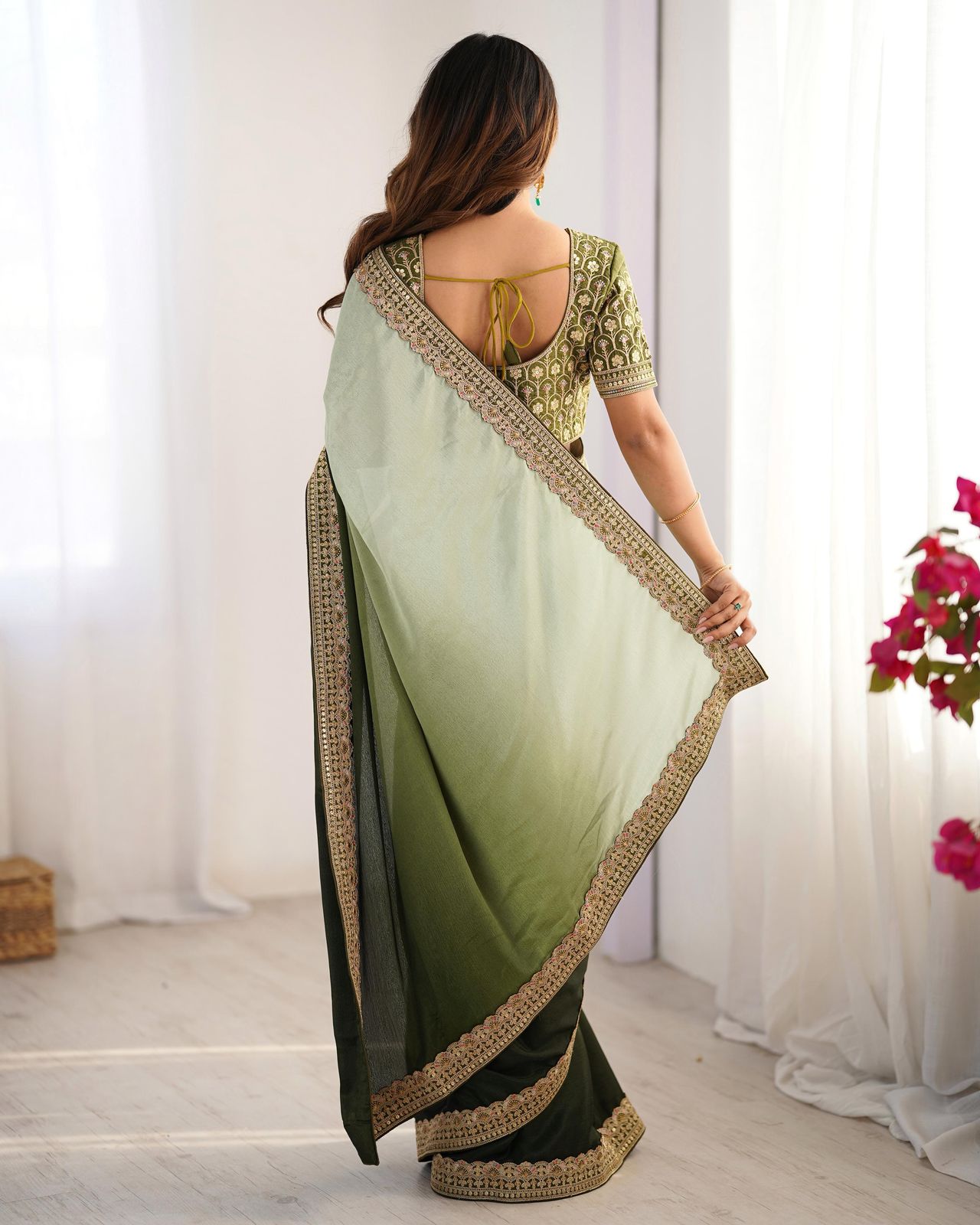 Shanvika pista green pure Chinon silk saree with delicate thread embroidery and sequin lace border, paired with unstitched Mono Benglori embroidered blouse fabric – perfect for weddings, festive celebrations, and party wear
